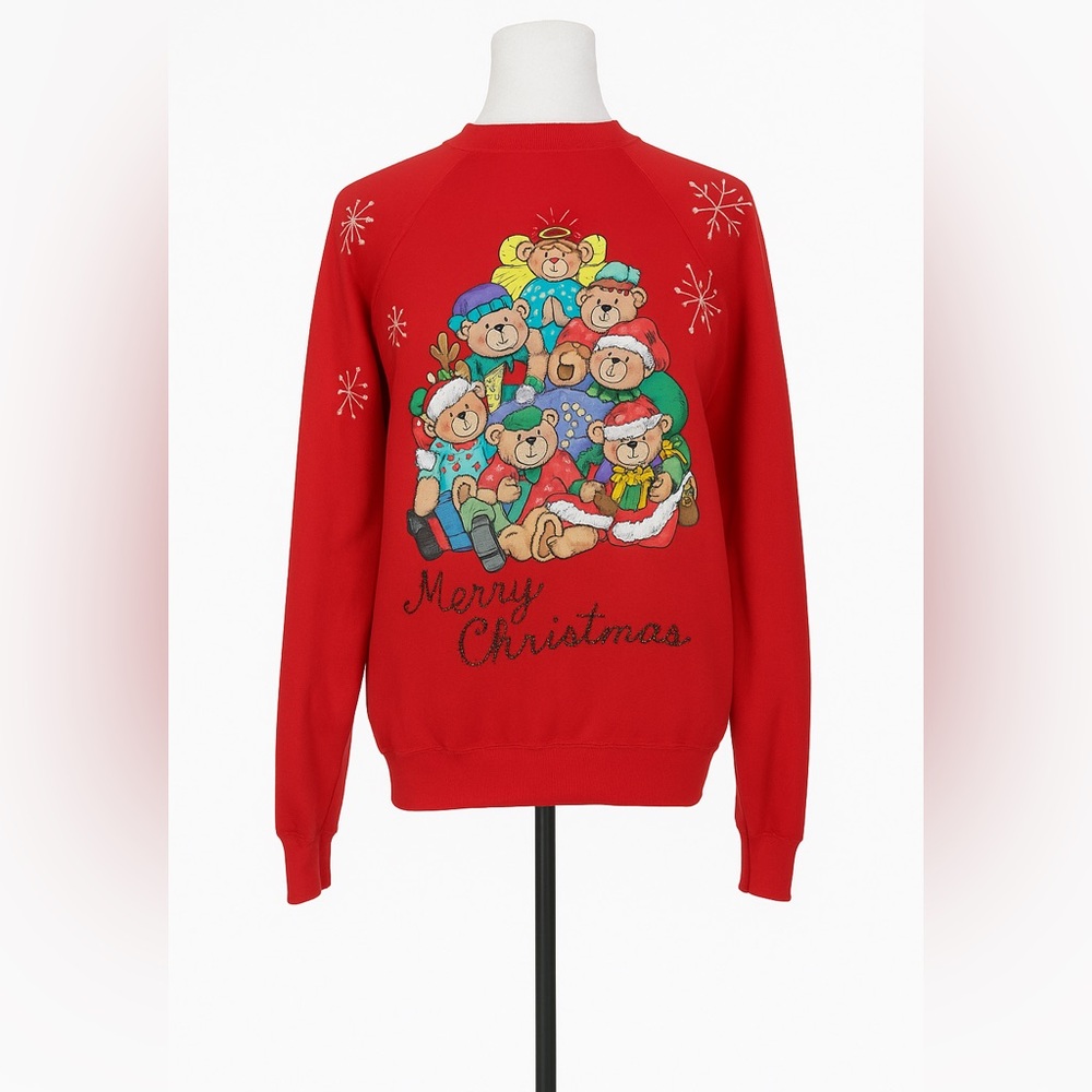Vintage Christmas Sweatshirt Teddy Bear Tree Red Holiday Pullover